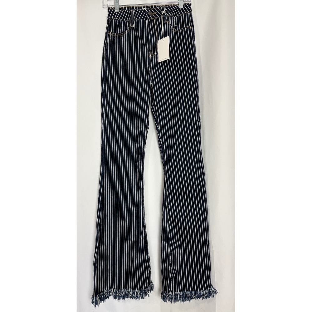 Cello High Rise Boho Flare‎ Jeans Blue White Stripe Frayed Hem Size 5 NEW